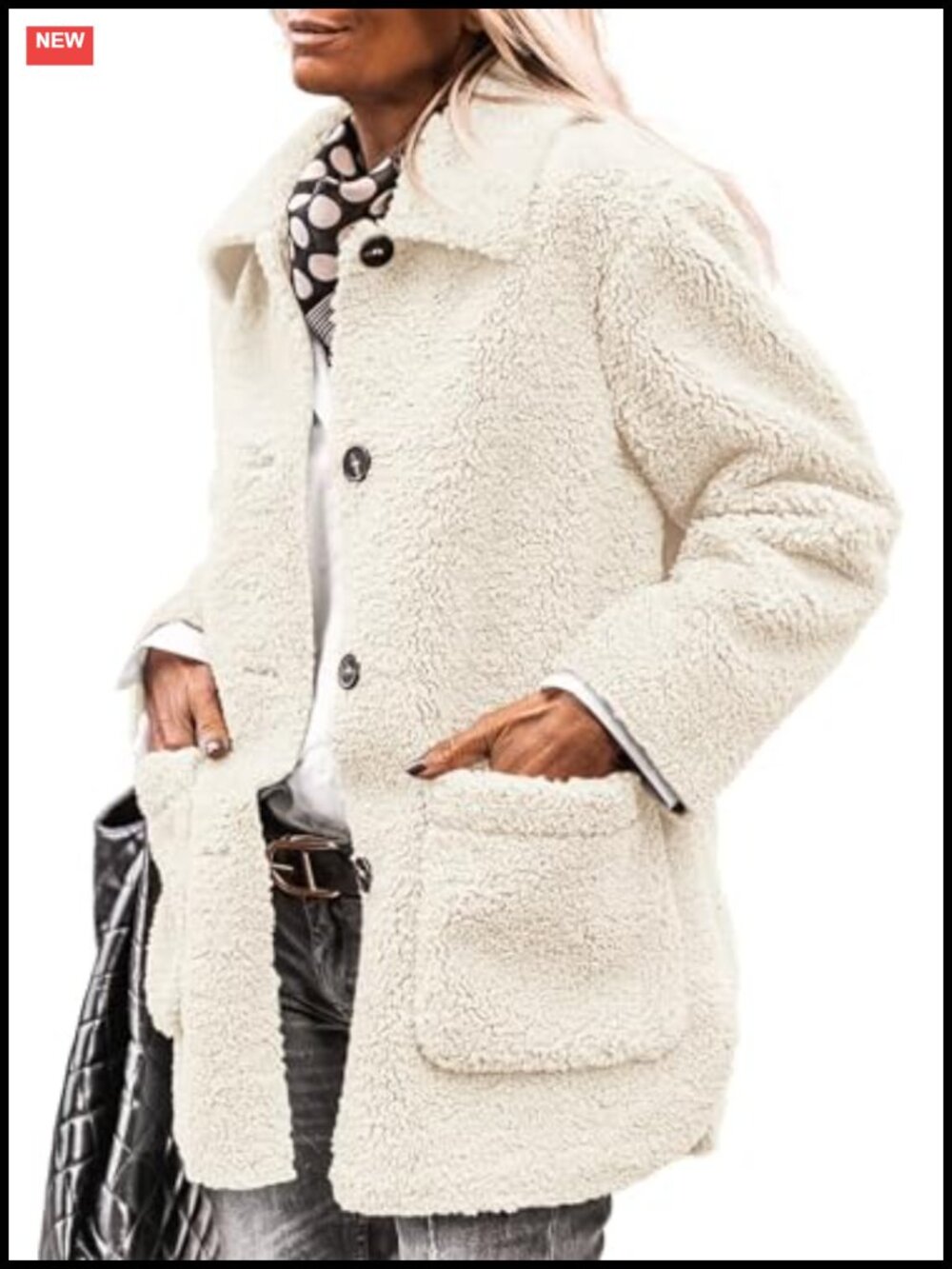 Faux Fur Button Down Lapel Collar Winter Coat Warm Pockets